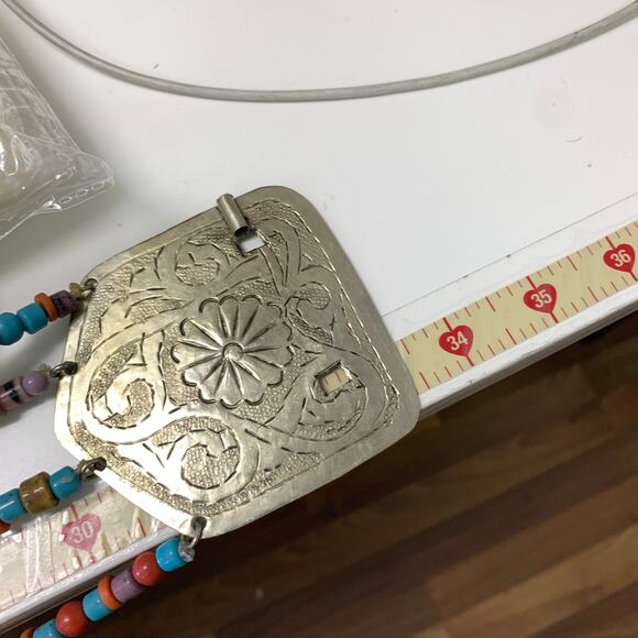 VTG Bohemian Style Belt Silver Tone Metal Conchos Multicolor Beaded Strands Sz M main image 4